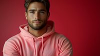 Young Hispanic man with beard wearing coral pink hoodie against burgundy background, confident expression and modern hairstyle for lifestyle and fashion content.