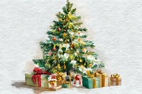 Decorated Christmas tree with wrapped presents underneath, glowing with warm lights against textured white background.