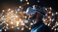 Young African American man wearing virtual reality headset against glowing network visualization and bokeh lights background, exploring digital metaverse technology.