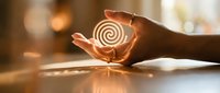 Hands holding glowing spiral symbol representing energy flow, meditation and spiritual wellness concepts for holistic healing practices.