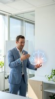 Professional businessman in blue suit presenting holographic justice scales in modern office environment for legal technology and digital law concepts.