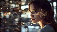 Young Asian woman in profile view with glowing digital network overlay and bokeh lights creating futuristic atmosphere for technology and artificial intelligence concepts.