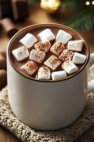 Cozy mug of hot chocolate topped with marshmallows and cocoa powder on knitted coaster, warm bokeh background creates festive winter atmosphere.
