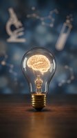 Glowing brain inside light bulb representing creative thinking and innovation in scientific research laboratory with microscope background for business concepts.