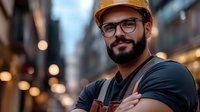 Confident bearded Hispanic construction worker in hardhat and glasses smiling outdoors in urban setting with blurred city lights background during evening hours.