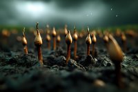 Mysterious mushrooms emerging from dark soil in moody lighting with selective focus and bokeh effect, creating ethereal natural atmosphere in forest environment.