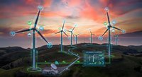 Wind turbines with digital network connections and data visualization overlays at sunset showcasing smart renewable energy technology and IoT integration.