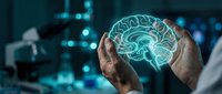 Medical professional holding glowing brain hologram in hands showcasing neuroscience technology and healthcare innovation in modern laboratory setting.