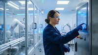 Female scientist in protective eyewear operating control panel in modern pharmaceutical laboratory with robotic equipment and sterile manufacturing environment.