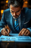 Mature businessman in blue suit signing contract documents at night office. Dramatic lighting creates professional atmosphere for business and finance concepts.