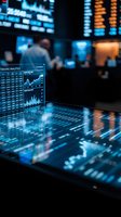 Trading analytics dashboard with financial charts and data visualization on digital screen in modern office environment for investment analysis.