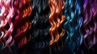 Vibrant wavy hair strands in multiple colors including pink, orange, black, copper, blue and purple arranged in vertical pattern on dark background.
