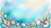 Watercolor ocean border with seashells, starfish, and coral on a soft teal blue background, perfect for summer cards and coastal designs.