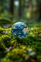 Planet Earth globe resting on green forest moss with natural bokeh background, representing environmental conservation and nature protection concept.