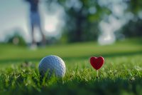 White golf ball and red heart shape on green grass course in soft focus with morning sunlight creating romantic sports atmosphere.