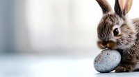Adorable brown bunny rabbit with long ears resting beside a speckled Easter egg on soft white background, perfect for holiday greeting cards.