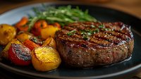 Juicy grilled beef steak with colorful roasted vegetables on dark plate. Tender meat with golden crust, garnished with fresh herbs and seasonal sides.