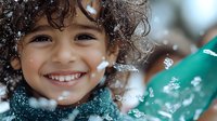 Joyful mixed-race child with curly hair smiling while playing in falling snow, wearing teal winter clothing, captured in natural outdoor lighting with bokeh effect.