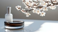 Elegant cosmetic products on white surface with delicate cherry blossoms in background, creating serene spa atmosphere for beauty advertising.