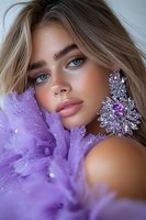 Young Caucasian woman with blue eyes and blonde hair wearing crystal earrings and purple feather dress. Glamorous makeup with glossy lips and defined brows in soft lighting.