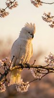 White cockatoo perched on blooming cherry blossom branch during golden hour sunset with soft warm light filtering through delicate pink flowers in spring garden.