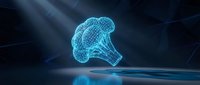 Glowing digital mushroom structure with wireframe mesh design on dark blue background, representing biotechnology, fungal research, and scientific innovation.