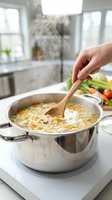 Hand stirring hot homemade vegetable soup with wooden spoon in steel pot on modern kitchen stove with steam rising for healthy cooking and meal preparation.