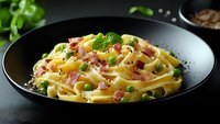 Creamy carbonara pasta with crispy bacon bits, fresh parmesan cheese and green herbs served on black plate against dark background. Classic Italian cuisine.