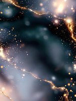 Glowing golden cracks on dark teal background with sparkling particles and light effects create magical abstract cosmic atmosphere for luxury design projects.