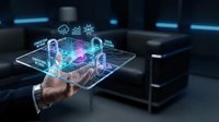 Young male professional with medium skin tone holding transparent digital tablet displaying holographic business analytics icons and data visualization for corporate technology solutions.