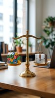 Golden brass scales balancing colorful fruits vegetables against white handbag on wooden desk in modern office representing healthy lifestyle choices.