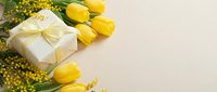 Spring celebration with yellow tulips, mimosa flowers and wrapped gift box on neutral background for holidays and special occasions.