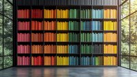Colorful rainbow bookshelf with color-coordinated books arranged in spectrum order against dark wall, large windows with forest view creating modern library atmosphere.