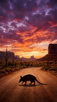 Armadillo crossing desert road at dramatic sunset with purple orange sky and southwestern landscape mesas for wildlife nature travel concepts.