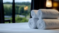 Clean white rolled towels on bed with scenic window view in luxury hotel room, soft natural lighting creates relaxing spa-like atmosphere.