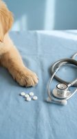 Light-colored dog paw next to scattered white pills and stethoscope on blue fabric, representing pet healthcare, veterinary medicine, and animal wellness for medical and veterinary applications.