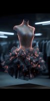 Futuristic mannequin torso with digital mesh surface and dramatic tulle skirt in coral pink and black, floating mysteriously against dark background with glowing lights.