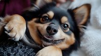 Adorable black and tan Chihuahua mix puppy lying on cozy blanket showing happy expression with slight smile, close-up portrait of small dog with bright eyes.