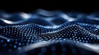 Glowing blue particle wave network on dark background creates futuristic technology visualization with dynamic motion and depth for science concepts.