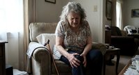 Elderly Caucasian woman with gray hair sitting in armchair at home, holding smartphone and smiling. Senior lifestyle, technology use, aging in place concept.