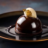 Elegant chocolate mousse dome with glossy mirror glaze, topped with white chocolate accent and gold leaf garnish on black plate, luxury dessert photography.