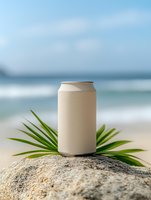 Blank aluminum beverage can on tropical beach rock with palm leaves against blurred ocean waves and blue sky background for summer drink mockup designs.