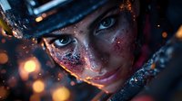 Young woman with intense blue eyes and mysterious smile amid water splashes and glowing bokeh lights, dramatic portrait with dark moody atmosphere and creative effects.