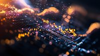Abstract financial chart with glowing orange and blue bokeh lights on dark background showing market data analysis and trading visualization.