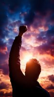 Silhouette of man raising fist against dramatic sunset sky with purple and orange clouds. Powerful victory pose symbolizing success, achievement and triumph.