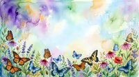 Watercolor spring meadow with colorful butterflies and wildflowers, soft pastel background with copy space for greeting cards and invitations.