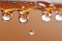 Water drops hanging from brown surface in macro photography, showing crystal clear liquid spheres with light refraction and natural surface tension physics.