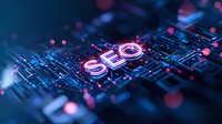 Glowing SEO text on digital circuit board background with pink and blue bokeh lights, modern technology concept for digital marketing and search optimization.