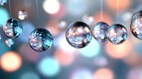 Transparent glass spheres hanging in row with colorful bokeh background, creating dreamy atmosphere for decorative design elements.