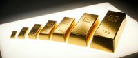 Seven gold bars arranged in ascending size order on white surface with dramatic lighting for investment and wealth concepts.